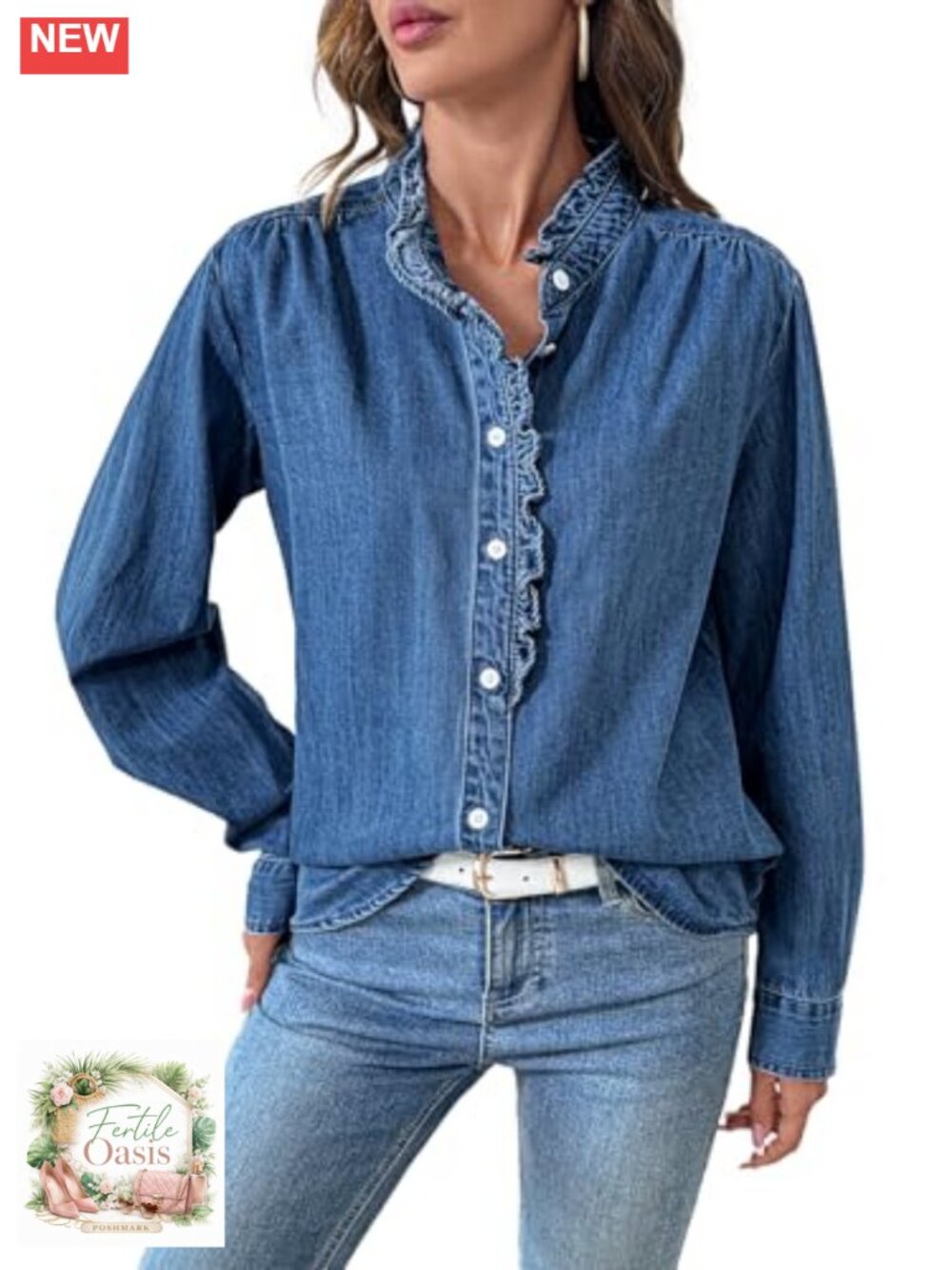 Ruffled Denim Button Down Shirt Women Casual